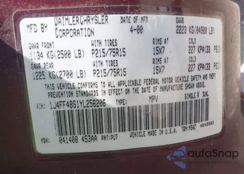 2000 Jeep Cherokee Sport z USA, uszkodzony, nr VIN 1J4FF48S1YL256206